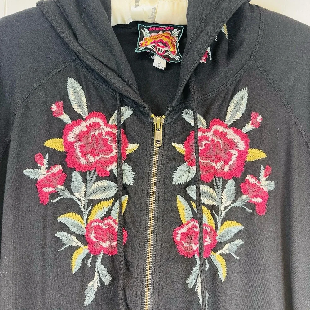 Johnny Was Black Hoodie with Pink Floral Design - Picture 13 of 13